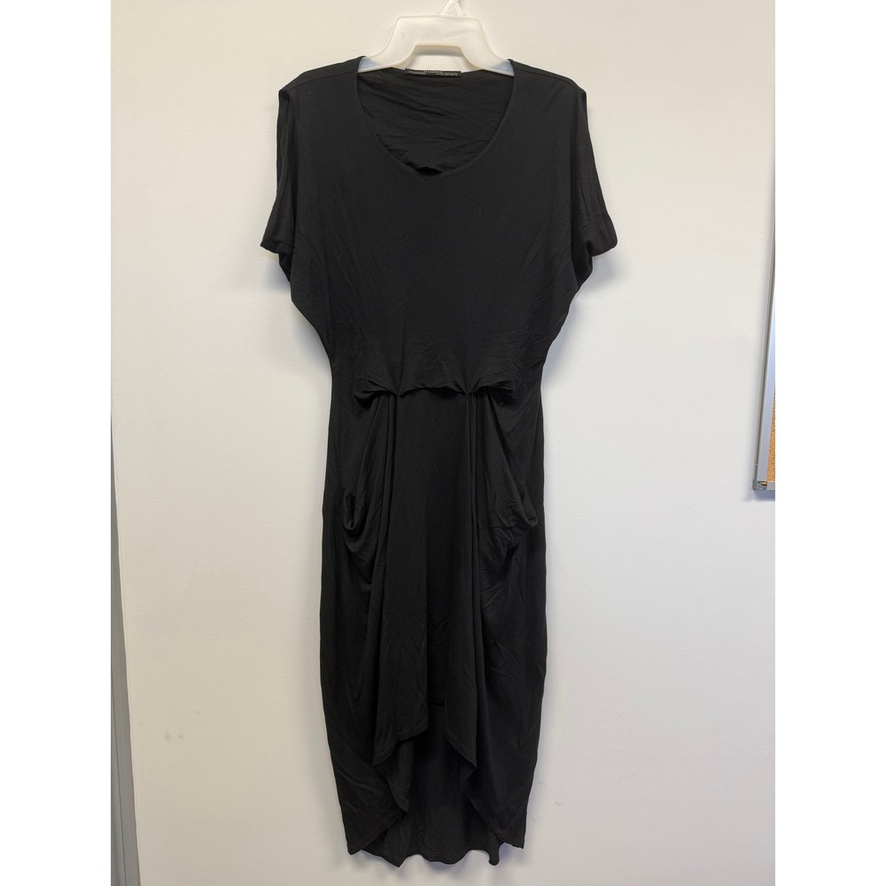 AllSaints Black Draped Midi Dress Short Sleeve Pockets US 0 UK 4 EU 32 Jersey